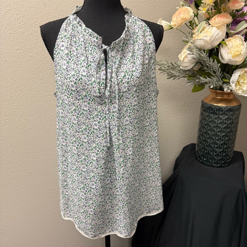 Max Studio Floral Sleeveless Blouse L Ruffle Neck Bow Tie Top Spring Summer